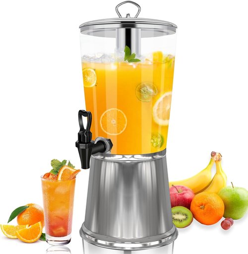 FULIYE Beverage Dispenser with Stand, Drink Dispensers for Parties, Beverage Dispenser with Ice Container, 2.2 Gallon/8L, Clear Acrylic Stainless Steel Lemonade Dispenser for Buffet, Café, Bar
