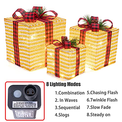 Lighted Christmas Gift Box Set - 3 Decorative LED Holiday Boxes with 8 Modes
