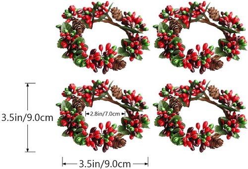 Amosfun Christmas Candle Ring Set - 6Pcs Artificial Berry Wreaths for Holiday Table Decor