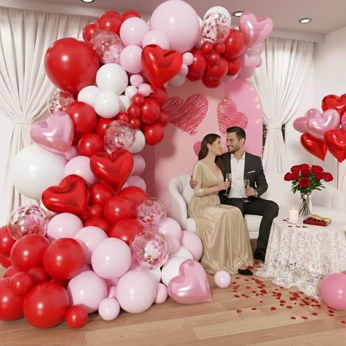 PityBlns Valentine's Day Balloon Arch Kit - 153Pcs Pink and Red Heart Foil Balloon Red and Pink White Balloons Garland Kit for Valentines Day Galentine's Day Anniversary Wedding Party Decorations
