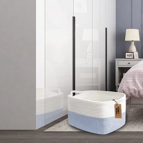 Comfy-Homi Cotton Rope Woven Storage Basket - Stylish Organizing Bin with Handles | 13.5"x11"x9.5" | White/Blue