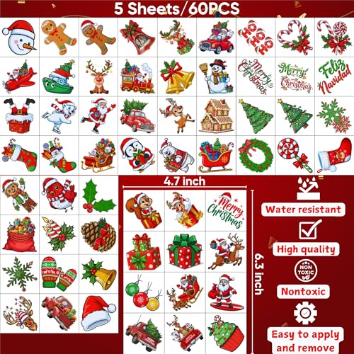 Christmas Temporary Tattoos 60Pcs - Holiday Party Favors & Stocking Stuffers