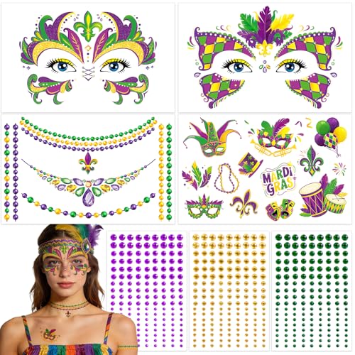 DPKOW 7-Piece Mardi Gras Accessories Set with Face Tattoos Beads Necklace and Gems
