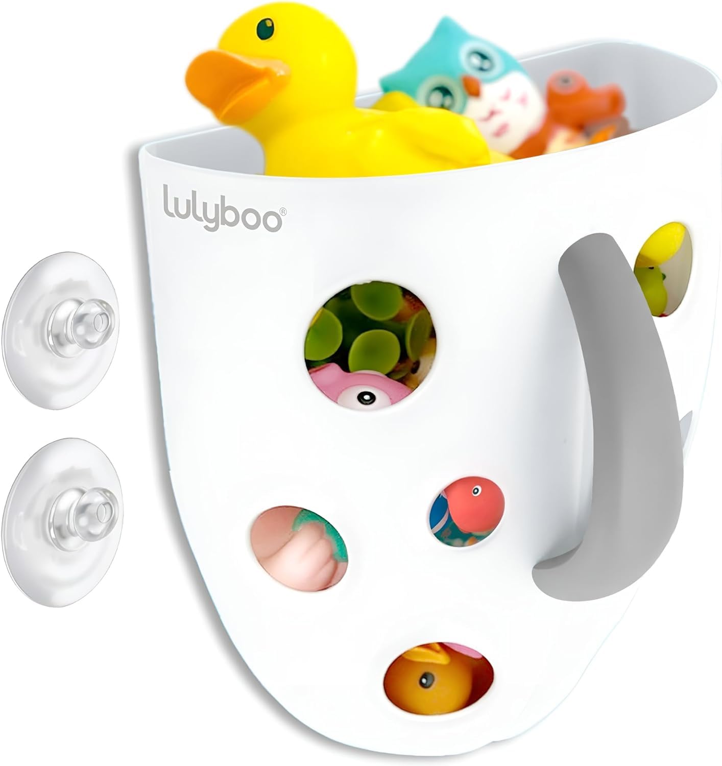 Lulyboo Baby Bath Toy Holder with No-Slip Suction Cups, BPA-Free Drainage Bin, Easy Clean Wall Organizer, White & Grey, Keeps Bathroom Clutter-Free & Safe for Kids