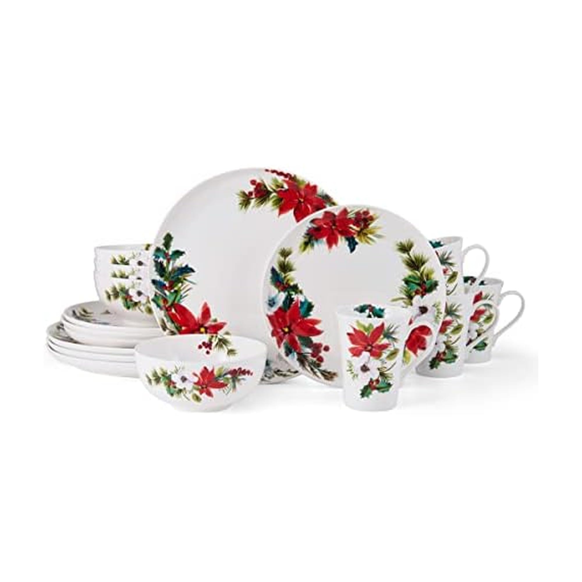 Mikasa Hope Joy Holiday Poinsettia Bone China Lightweight Chip Resistant 16 Piece Dinnerware Set, Service for 4, Multicolor