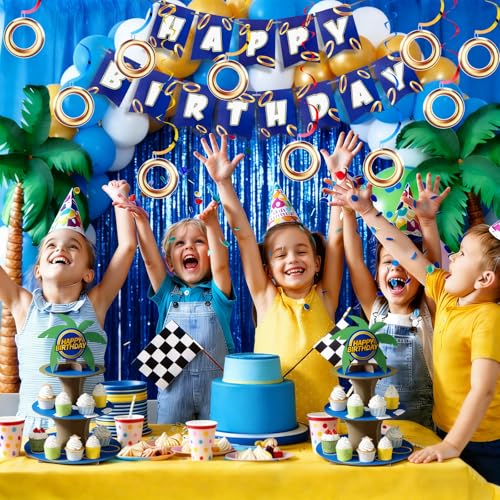 Cartoon Hedgehog Birthday Banner Set - Green Gold Ring Party Decorations