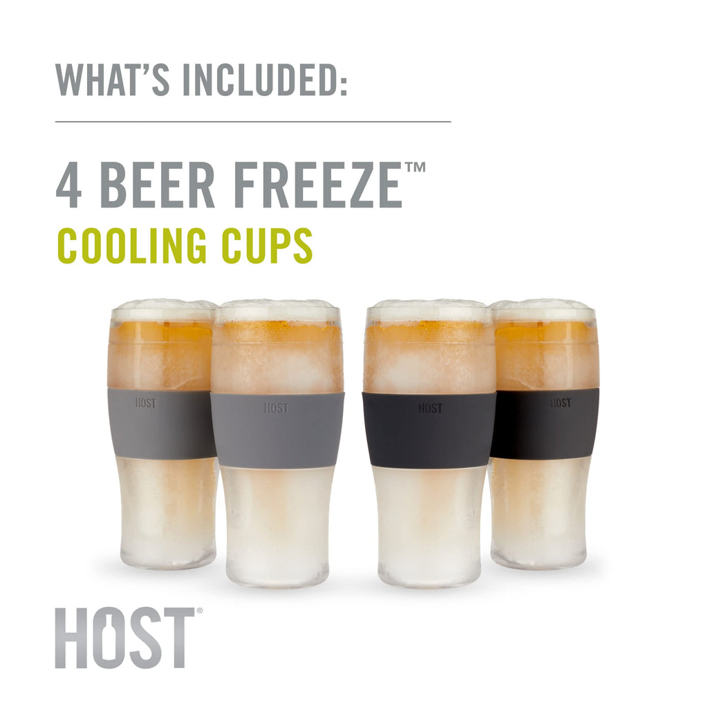 HOST Freeze Beer Glasses, 16 ounce Freezer Gel Chiller Double Wall Plastic Frozen Pint Glass, Set of 4, Black and Grey