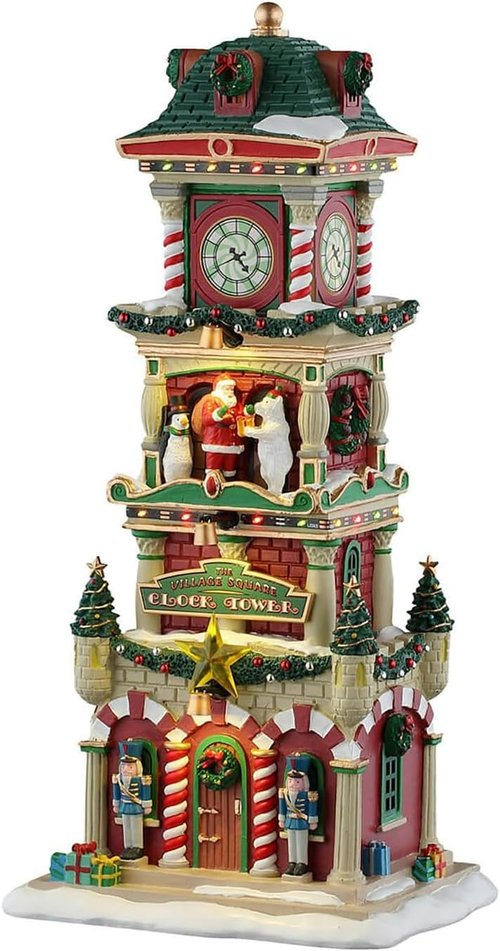 Lemax Village Square Clock Tower - Battery-Operated Lighted Building Decor | #55320
