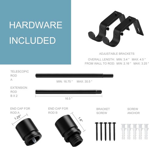 Byondeth Curtain Rods - Adjustable 16 to 60 Inches | 1-Inch Diameter with Black Aluminium Finials