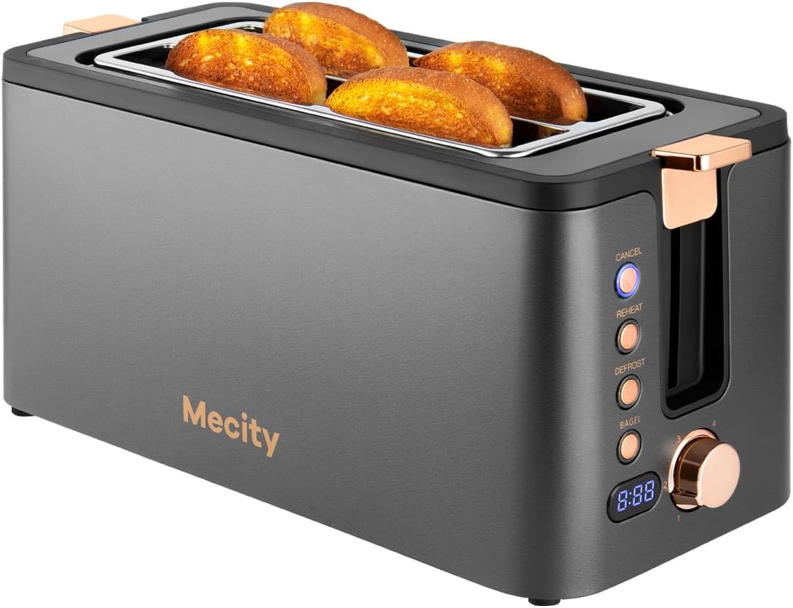 Mecity 4-Slice Long Slot Toaster - Stainless Steel with Warming Rack & 6 Browning Settings | 1300W, Grey