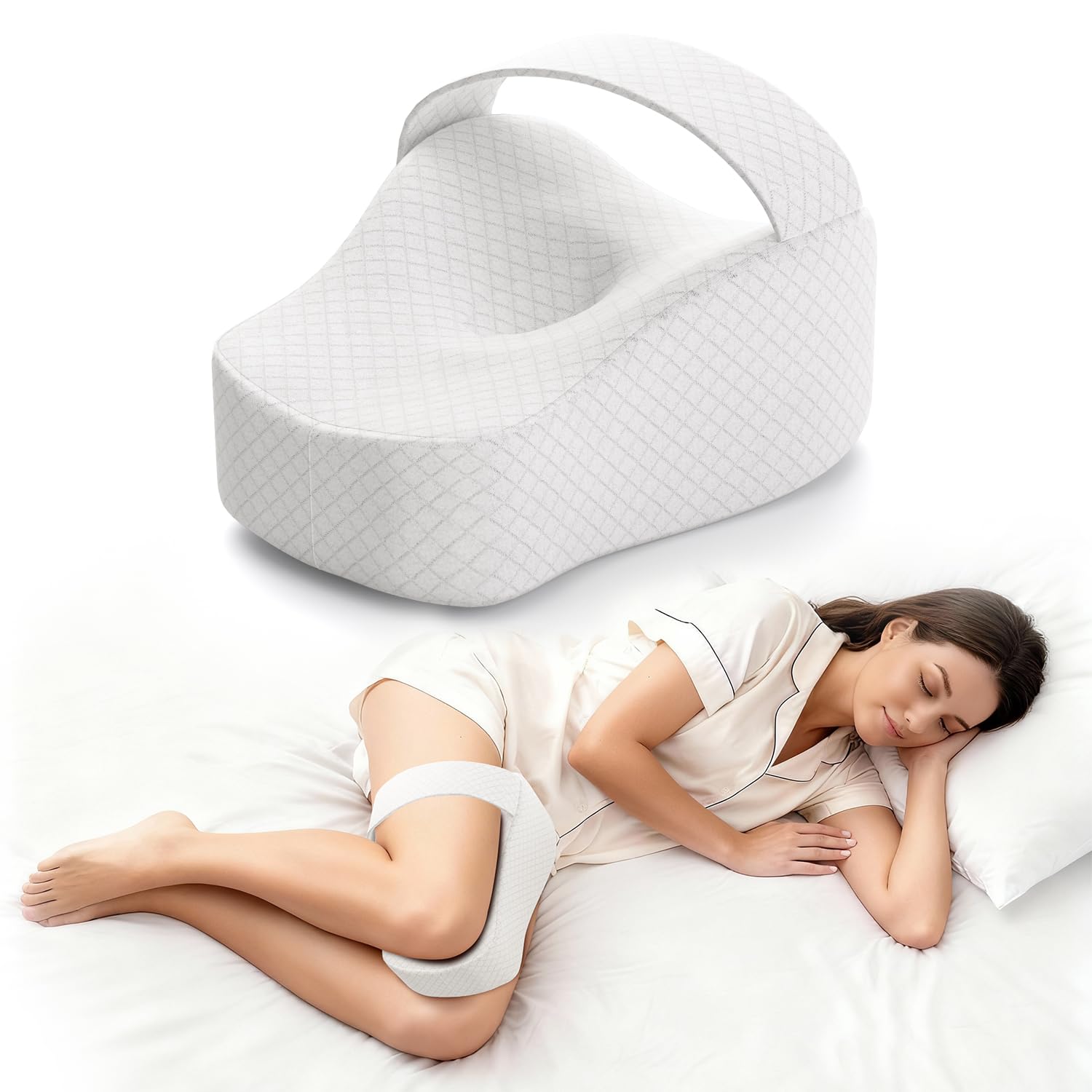 RPOMU Knee Pillow for Side Sleepers, Memory Foam Leg Pillow for Side Sleeping, Between Legs Pillow for Relief Sciatica Hip Lower Back Pain, White