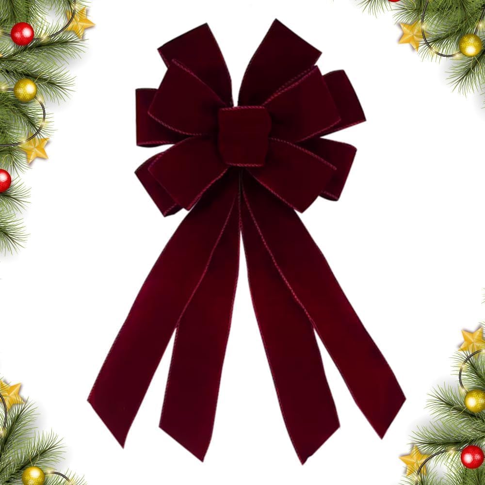 Regine Switzerland Christmas Wreath Bow - Large Burgundy Red Velvet 20 x 11 Inches | Winter Farmhouse Decor