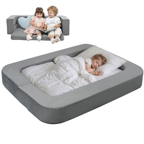 ENITYA 3-in-1 Foldable Floor Bed with Two Pillow for Kids, Soft Foam Toddler Cot with Washable Cover, Toddler Travel Bed for Naps, Playing, Sleepover, Grey
