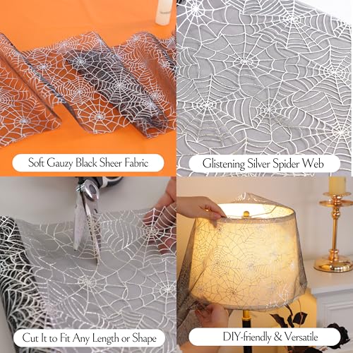 Snowkingdom Spider Web Table Runner - Silver Sequin Sheer 10FT Halloween Decor