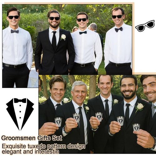 Set 4 Groomsmen Proposal Gifts - Groomsmen Gift Boxes with Leather Bag，Tuxedo Flask, Funnel，Shot Glasse，Poker Card Bottle Openers, Sunglasses, Pen，Bracelet, Card & Gift Bags for Wedding Party