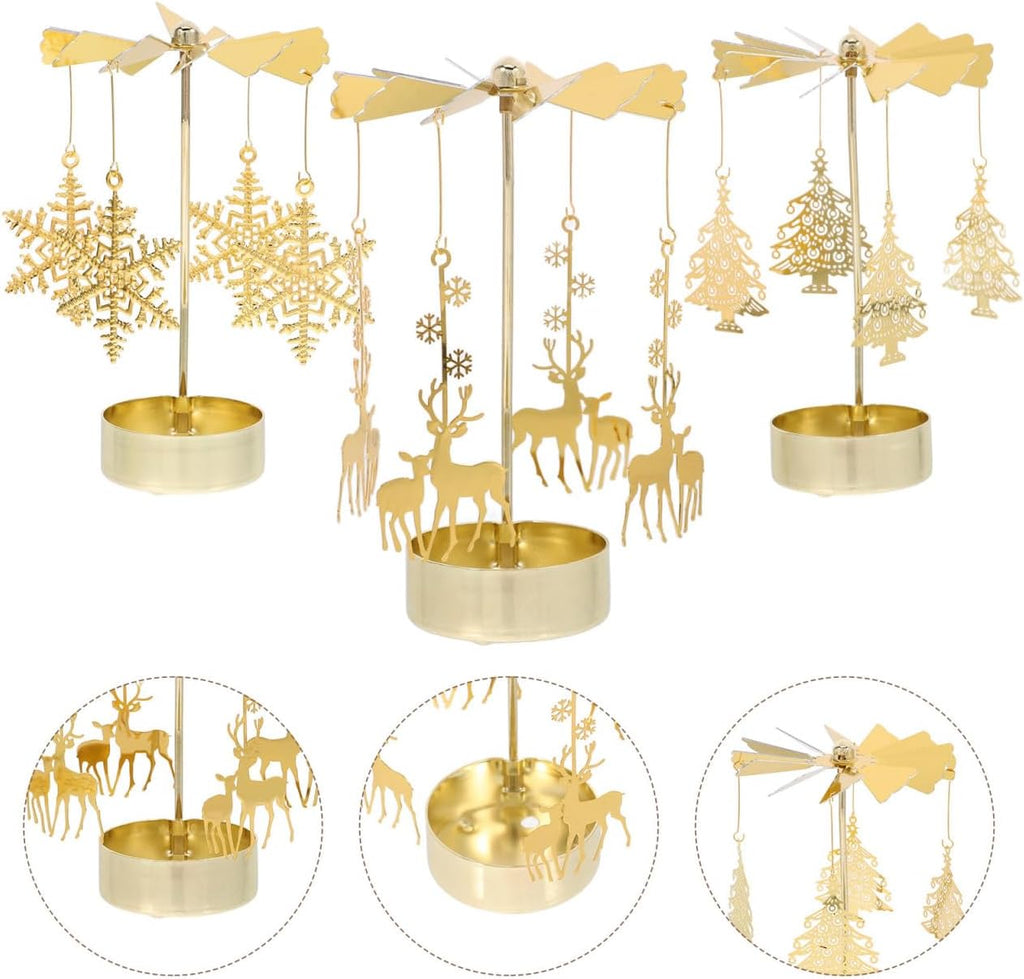 Zerodeko Rotary Candle Holder Set - 3pcs Metal Spinning Windmill Design for Christmas Decor | Festive Centerpieces