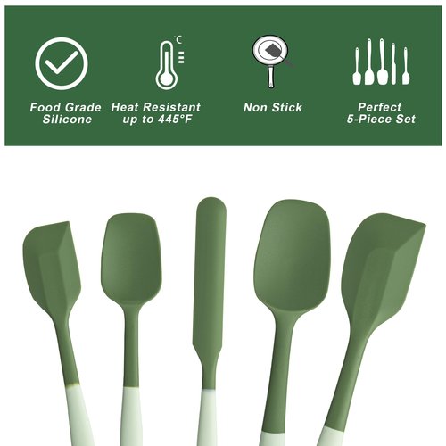 Silicone Spatula Set, 5 Piece Food Grade Rubber Spatulas for Baking, Cooking, and Mixing High Heat Resistant Non Stick Dishwasher Safe BPA-Free (Two colors - Green)