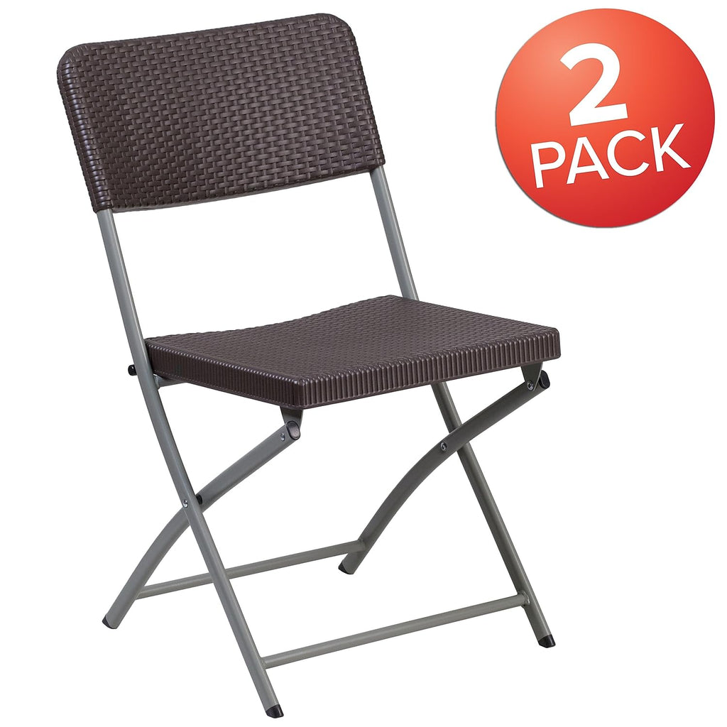 Flash Furniture 2 Pack HERCULES Series Brown Rattan Plastic Folding Chair with Gray Frame
