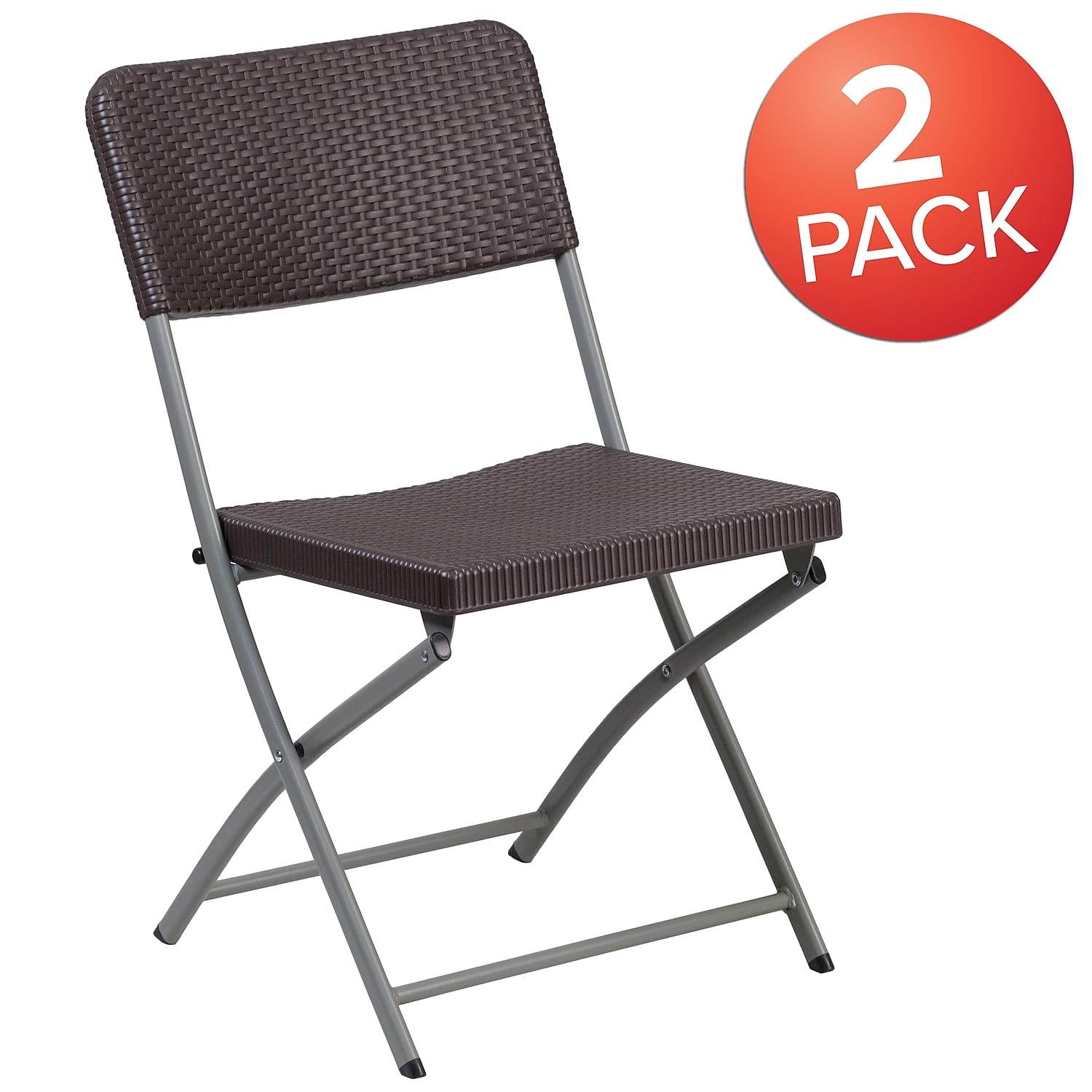 Flash Furniture 2 Pack HERCULES Series Brown Rattan Plastic Folding Chair with Gray Frame