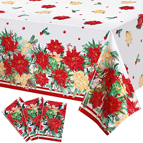 3 Pack Christmas Poinsettia Tablecloths 54x108 Inches Waterproof Plastic Holiday Decor