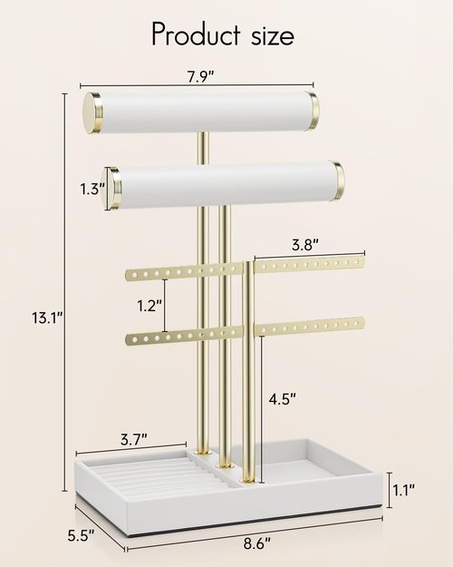 Vlando 3 Tier Necklace Holder Organizer with Tray, Leather Bracelet Holder Display for Women, Gold Jewelry Stand for Bracelet, Necklace, Earrings, Rings - White
