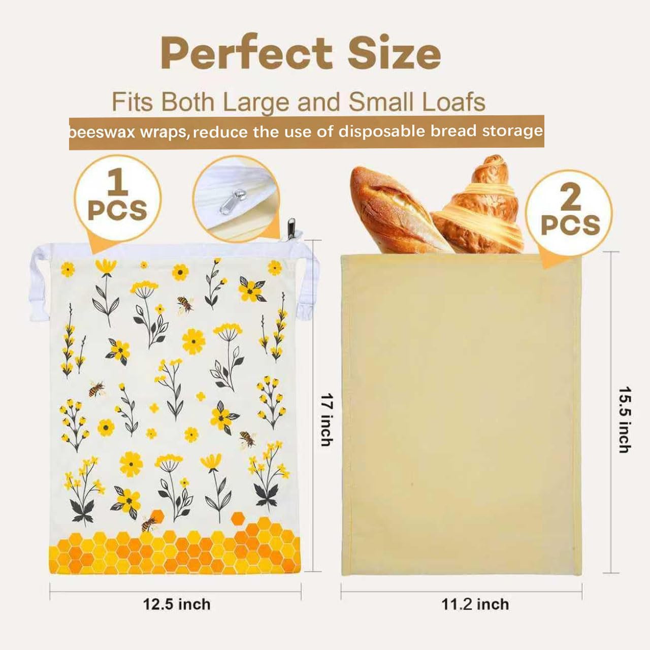 Reusable Beeswax Bread Bags for Homemade Bread & Sourdough, 2 Removable Natural Beeswax Storage Bags and 1 cotton hand pocket, Food-Safe Storage Bag to keeping Loaves fresh longer