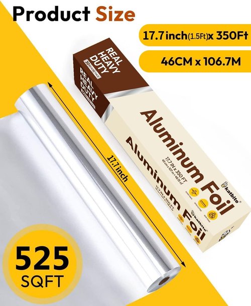 Katbite Heavy Duty Aluminum Foil - 17.7 Inch Wide, 30 Micron Thick Roll for Grilling & Baking | 525 Sq Ft