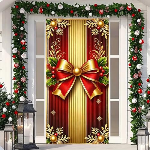 Christmas Door Cover Red Gold Gift Box Seasonal Decor - 35x71 Inch - Variation of Christmas Gift Box