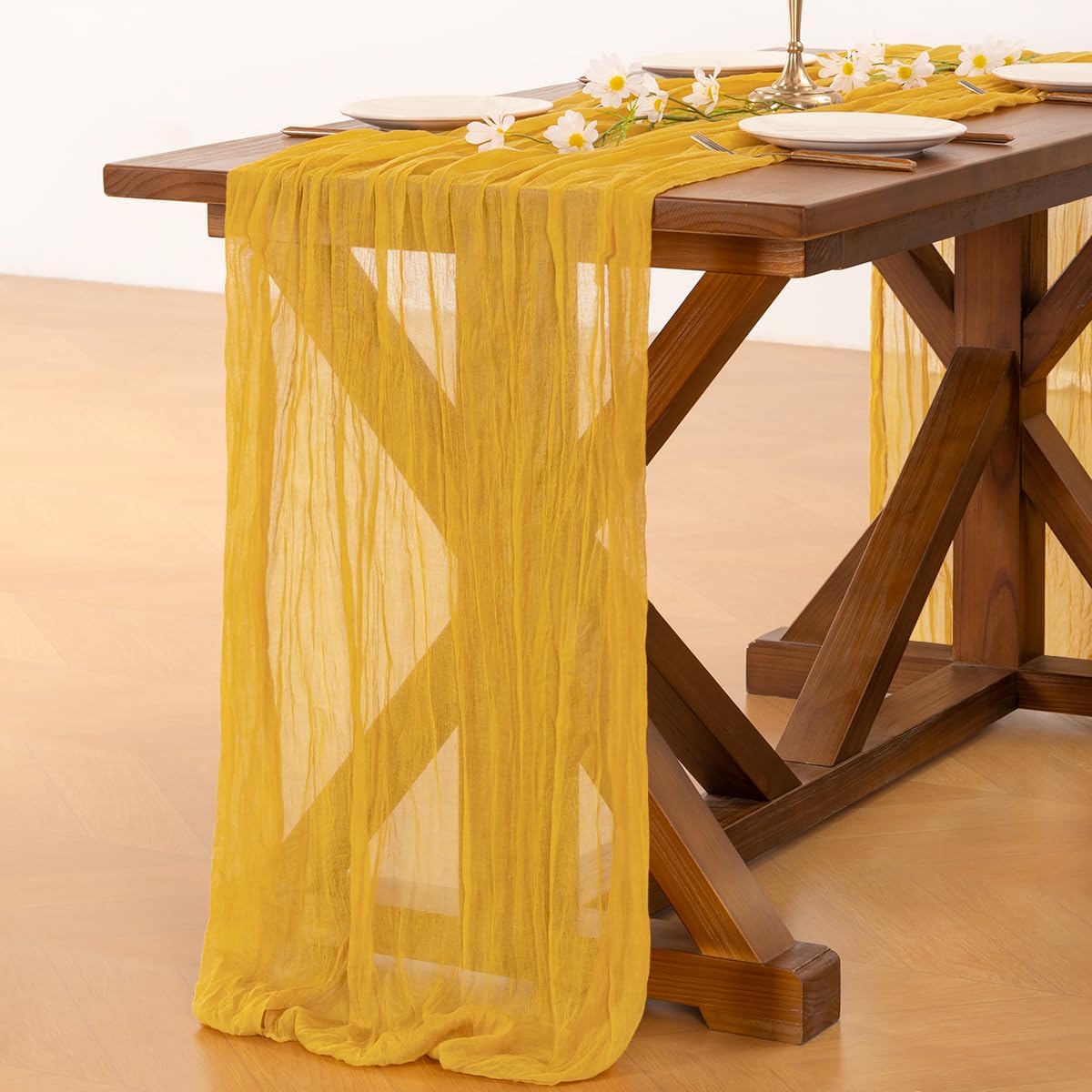 Socomi Gold Yellow Cheesecloth Table Runner - 120 Inch Boho Rustic Decor for Weddings & Events