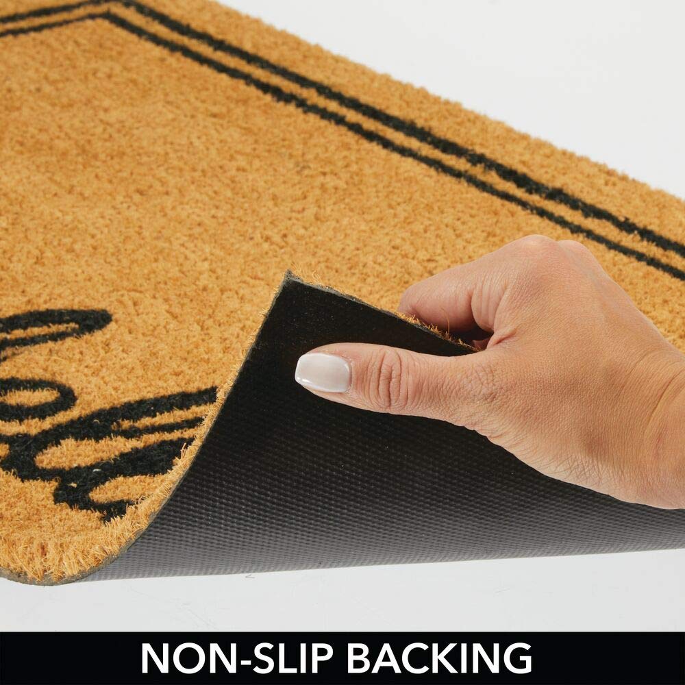 mDesign Rectangular Coir and Rubber Entryway Welcome Doormat with Natural Fibers for Indoor or Outdoor Use - Decorative Script Hello Design - Natural/Black