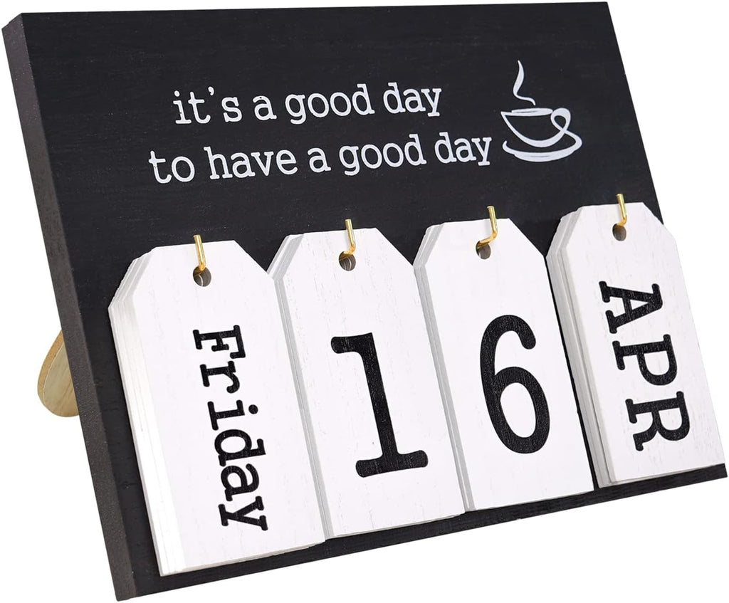 Notakia Wooden Desk Calendar - Vintage Perpetual Flip Calendar with Month & Day Display (Black)