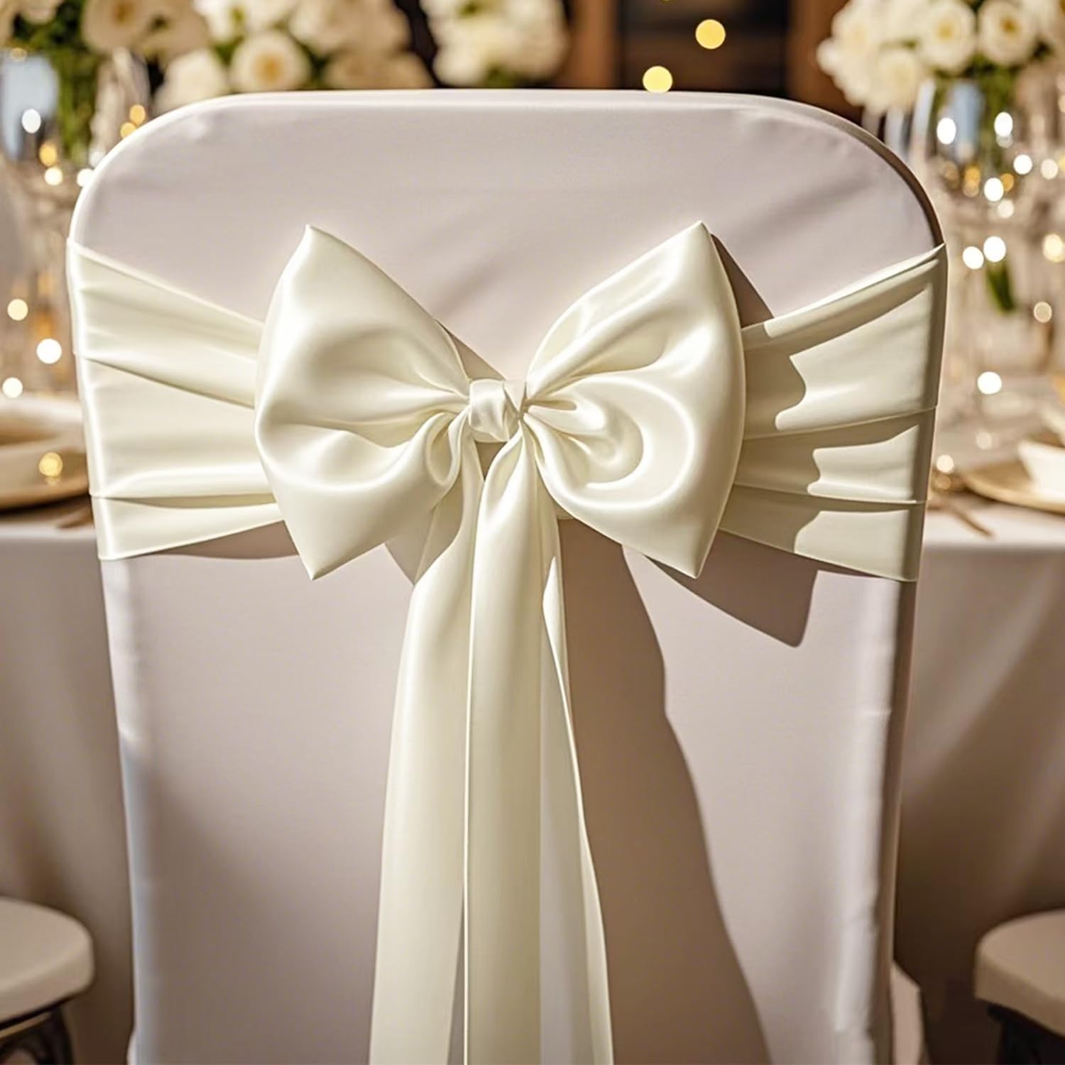 Skiennix Wedding Satin Chair Sashes - Elegant Ivory Bows for Banquet & Event Decor | 7x108 Inch, 50 Pack