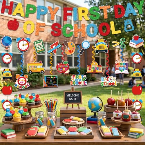 First Day of School Decorations Set | 17pcs Glitter Banner & Swirls