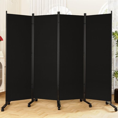 SUNALLY Room Divider 6FT Folding Privacy Screens with Lockable Wheels, 4 Panel Room Partition for Room Separator, 88" W Freestanding Portable Fabric Wall Dividers for Home Dorm Studio Office, Black