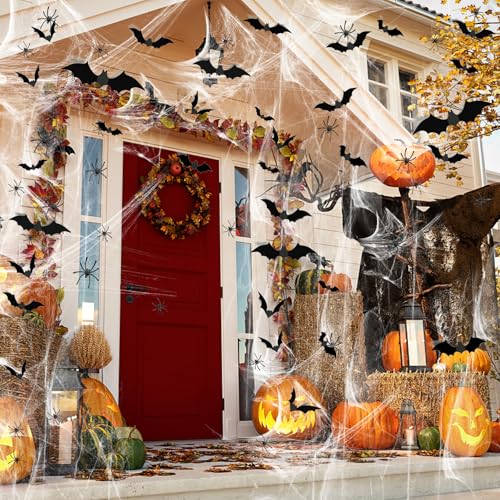 Halloween Decor Set - 1200 sqft Spider Webs with 120 Bats & 50 Spiders