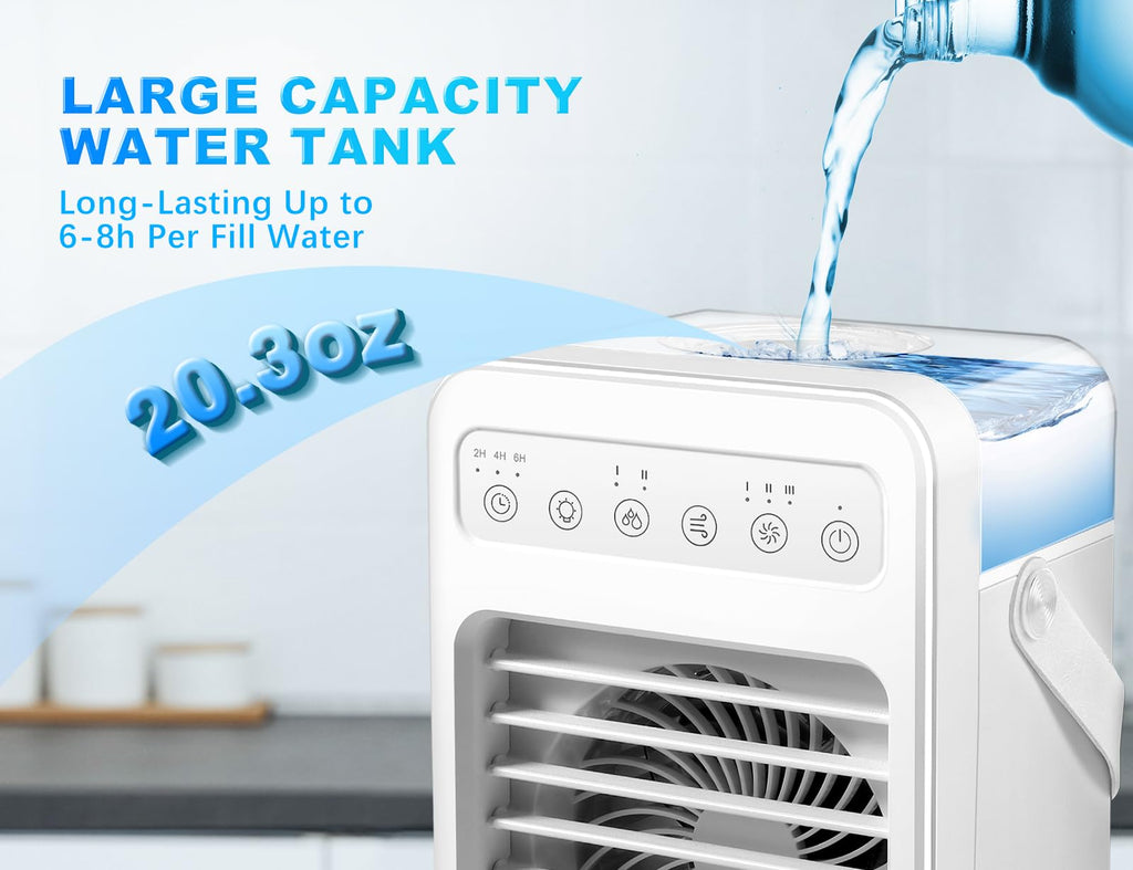 Portable Air Conditioners - Evaporative Air Cooler & Humidifier Combo | 4 Speeds, 7 Colors Light, 2/4/6H Timing | Quiet Personal Air Conditioner Fan for Room, Office