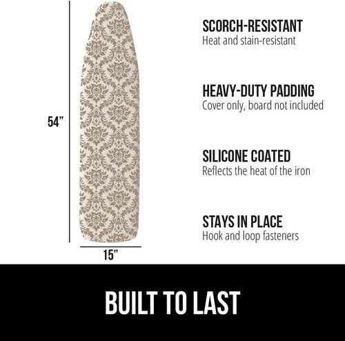 GORILLA GRIP The Original Ironing Board Cover and Pad, Silicone Coating, 400°F Scorch Resistant Thick Padding, Heavy Duty Iron Covers Standard Boards, Hook and Loop Fastener Strap, Damask 15x54