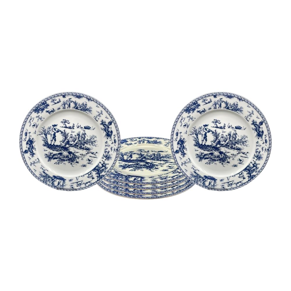 W&S CLASSICS Classic French Luxury Round Dinner Plates | 10.5 Inches Colorful Ceramic Flat Plates – Set of 6| Large Serving Plates for Party | Dishes for Appetizer, Salad, Desert, Steak (Blue)