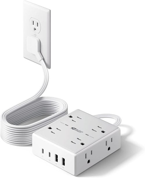 10Ft Extension Cord - Flat Plug Surge Protector Power Strip with 8 Outlets & 4 USB Ports | Ideal for Home Office & Dorm Room