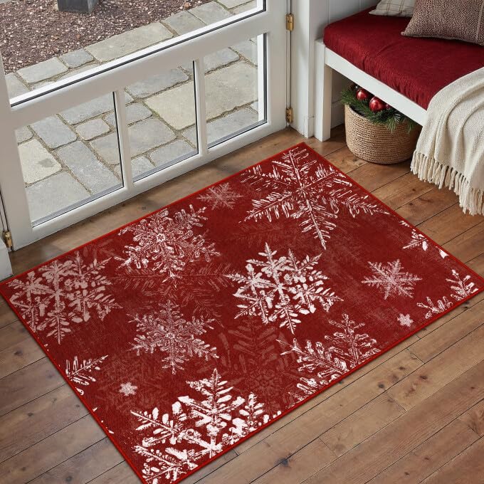 Christmas Area Rug 2x3 Feet with Snowflakes - Non-Slip Red Entryway Mat