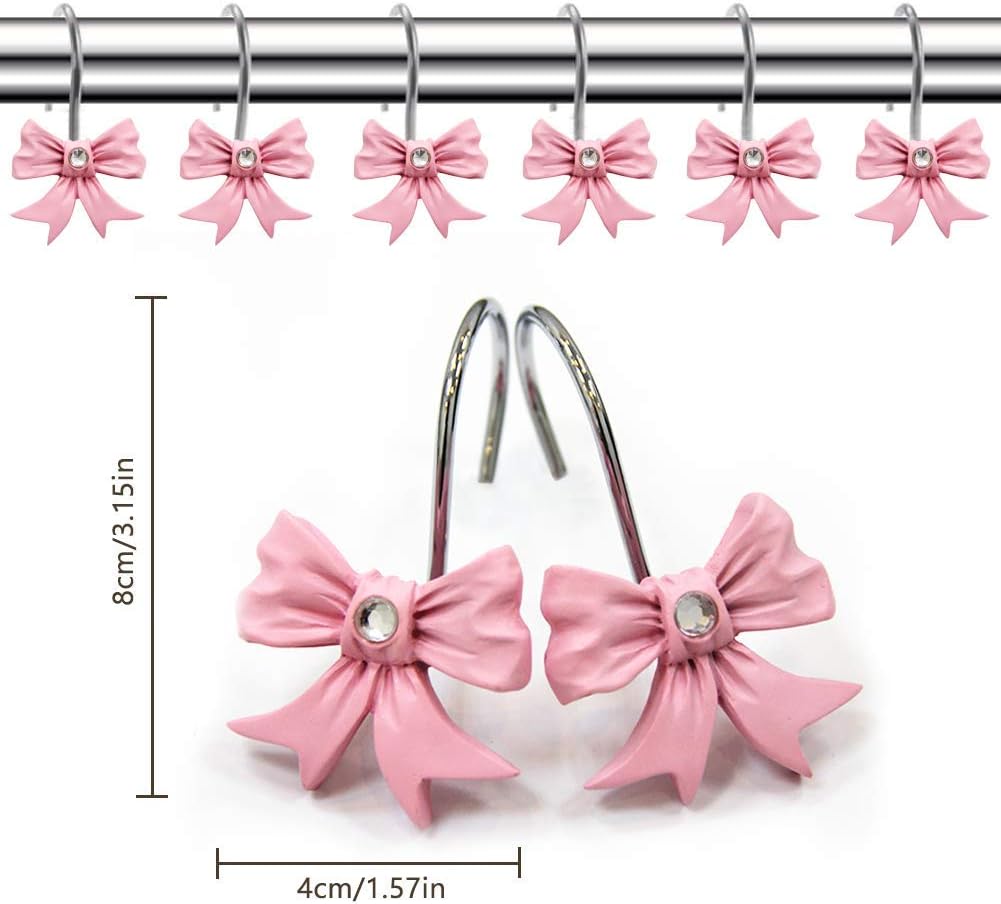 Skiennix Decorative Shower Curtain Hooks - Pink Bow Knot Resin Rings for Bathroom & Nursery Decor | 12PCS Set