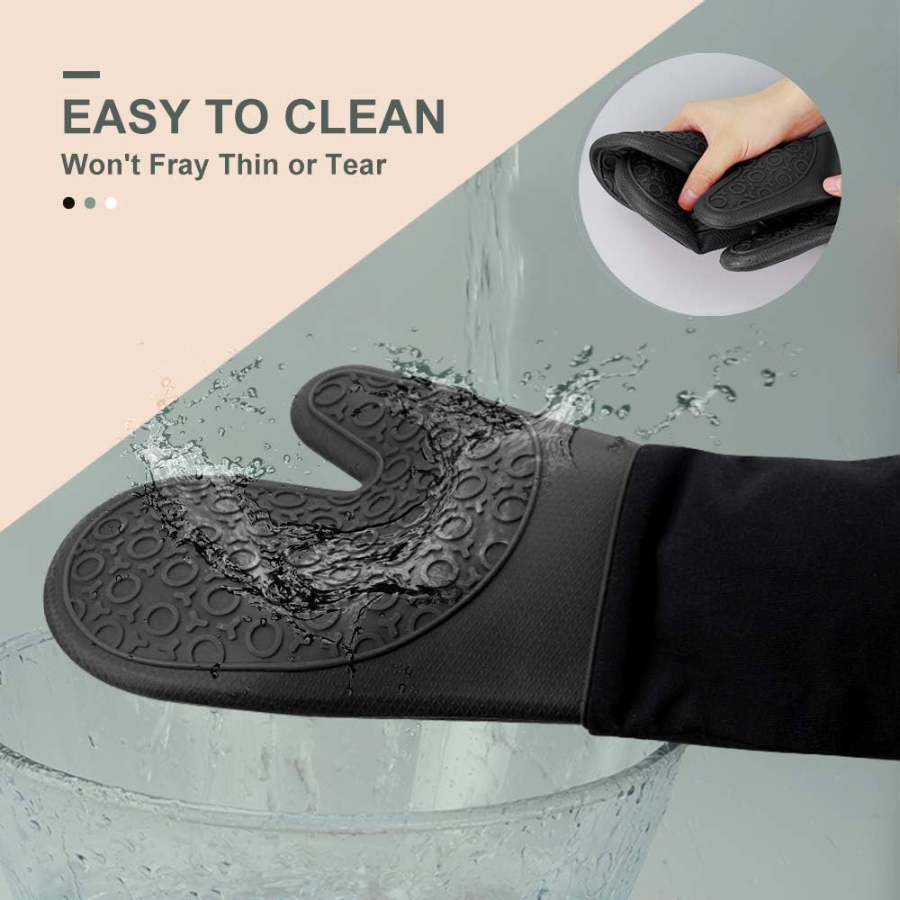 Sungwoo Extra Long Silicone Oven Mitts - Heat Resistant, Non-Slip Grip for BBQ & Baking | 14.6 Inch Black