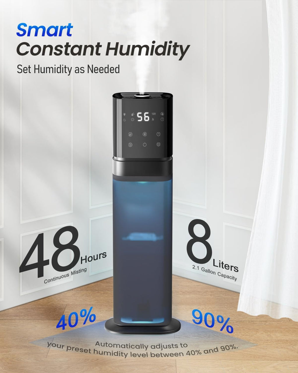 AILINKE Humidifiers for Bedroom 2.1Gal/8L, Smart Humidifier for Large Room, Cool Mist Humidifiers for Home Kids Plants, Top Fill Humidifier with Extension Tube, WIFI APP & Voice Control, Dark Blue