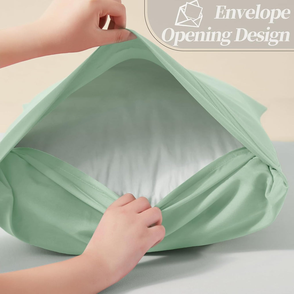 Vonty Queen Pillow Cases - 20x30 Inch, 1800 Thread Count Microfiber, Soft Sage Green Embroidered Covers