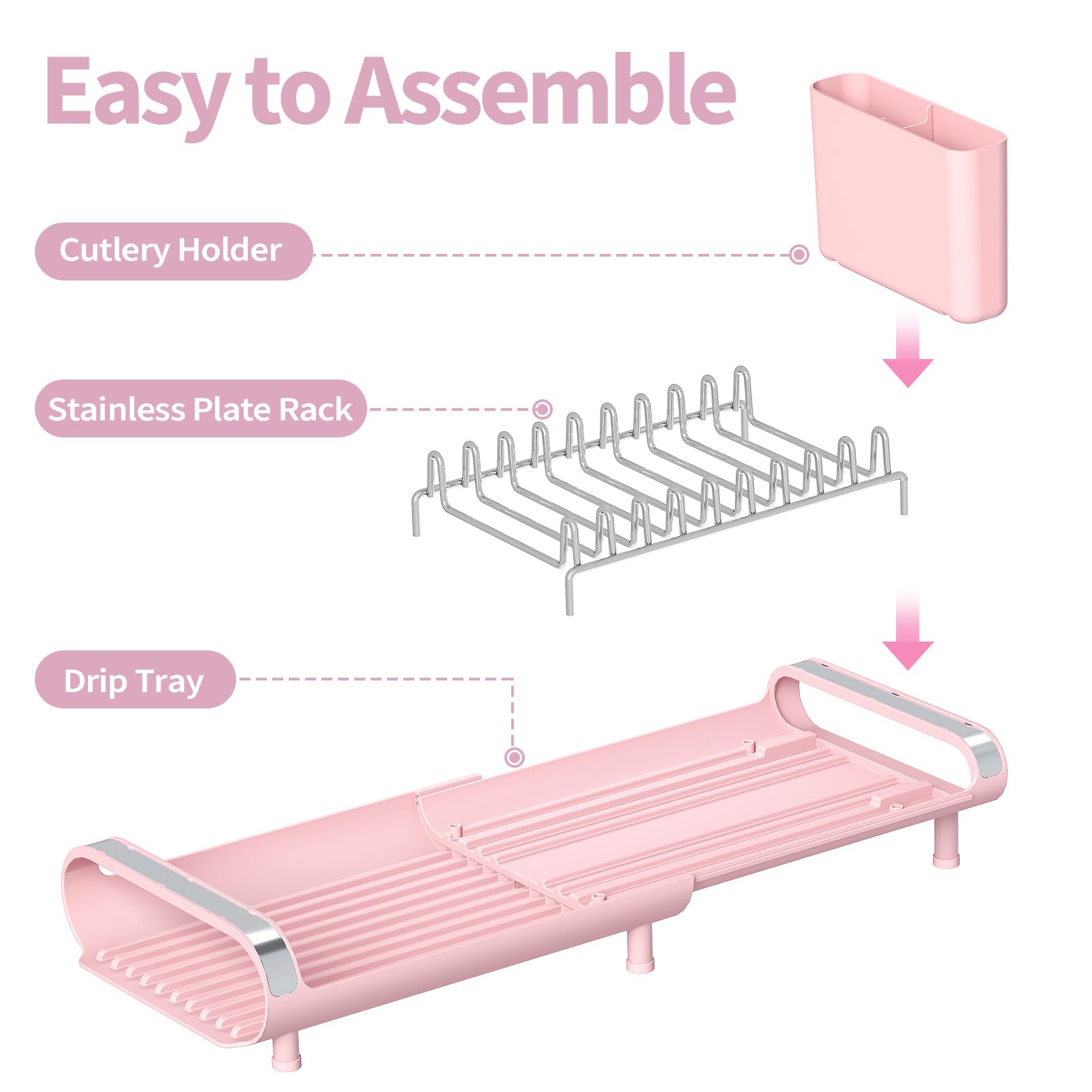 TOOLF Small Dish Drying Rack, Mini Expandable Compact Dish Rack, Slim Extendable Stainless Steel Dish Drainer for Kitchen Plate Storage, Space Saving Dish Strainer in Sink or on Home Countertop, Pink