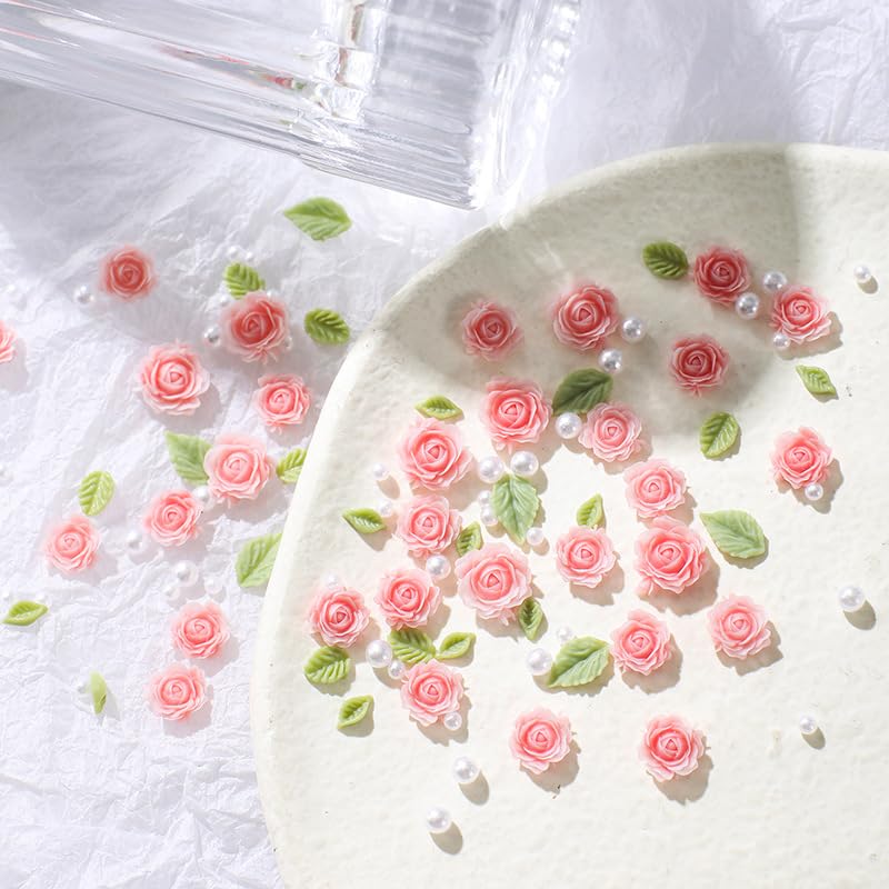 3D Flower Nail Charms with Pearls and Rhinestones - 60Pcs Pink Spring Blossom Acrylic Floral Manicure Decorations