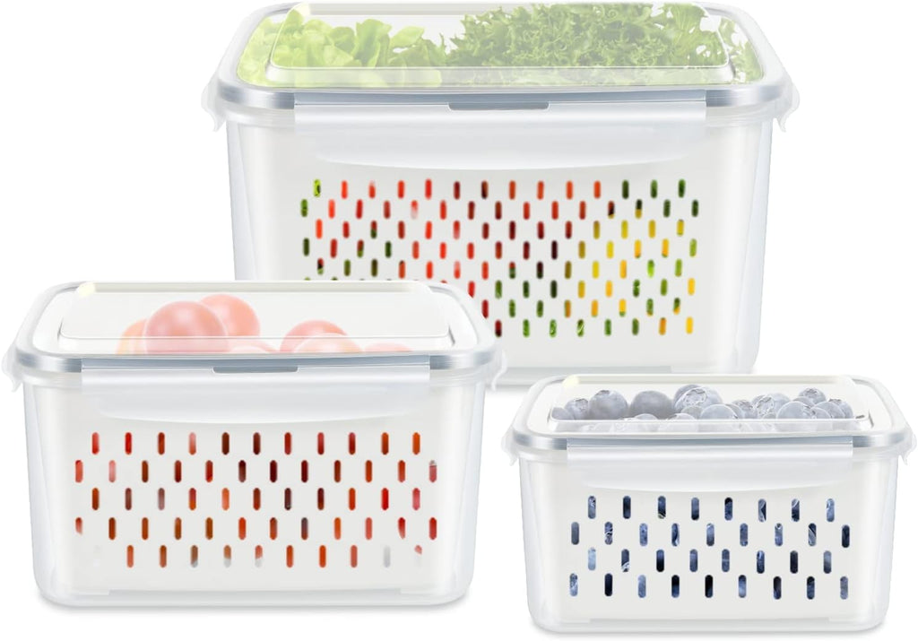 Skiennix Fruit Storage Containers - 3 Pack Produce Saver with Drain Colanders | Refrigerator Organizer for Fresh Veggies