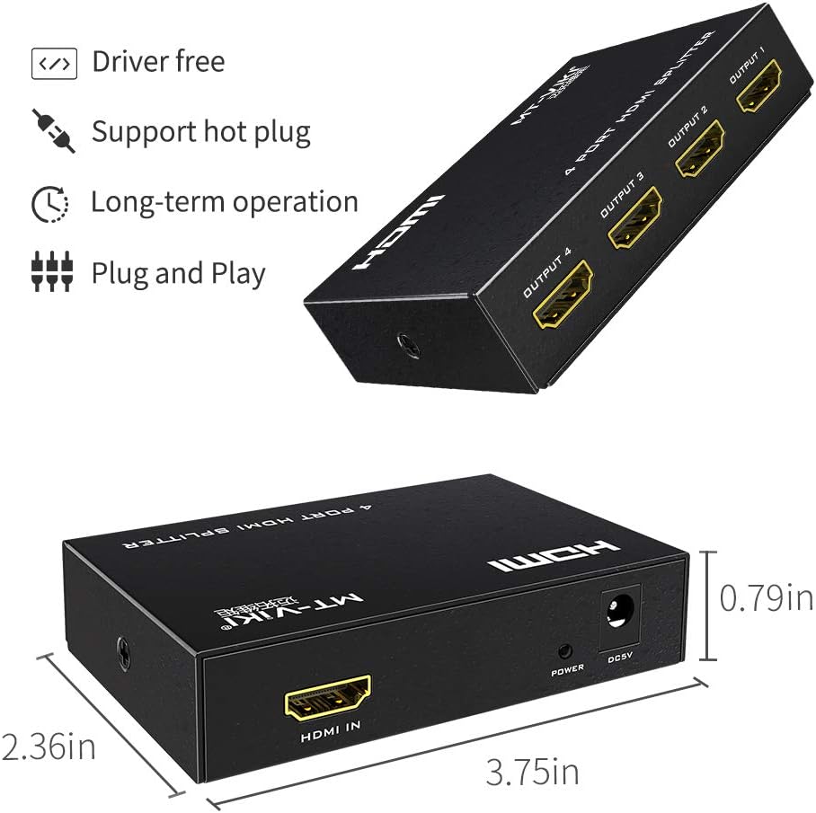 MT-ViKI HDMI Splitter - 1 In 4 Out 4K 30Hz HDMI Distributor for Gaming Consoles & PCs | Power Adapter Included