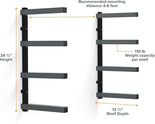 Bora 4-Level Lumber Storage Rack - Space-Saving Metal Shelf for Wood, Pipes & Boards | PBR-004B Black Gray