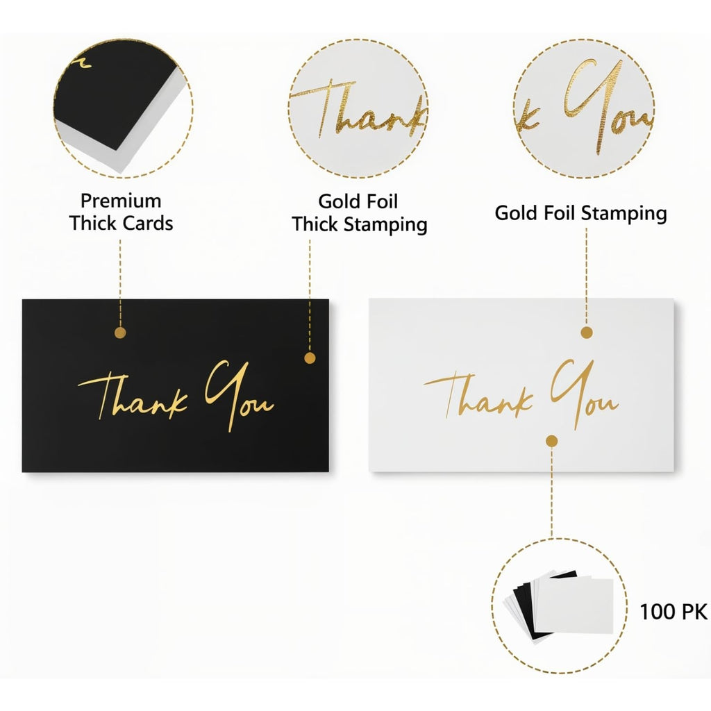 MIZENA Thank You Cards 100 Pack – 3.5x2” Black Cards with Gold Hot Foil – Ultra Thick 350 GSM Premium Thank You Inserts for Small Business Packaging & Wedding Gifts – Blank White Back